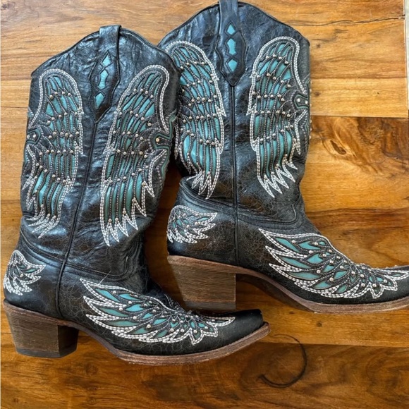Corral A1048 Black Turquoise Wing Cross Studded Snip Toe Cowgirl Boots 9.5M - Picture 2 of 14